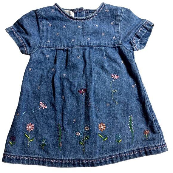Adorable Blue Denim Baby Dress 12 Mo Dragonfly Flowers Back Buttons Cotton - Picture 1 of 7